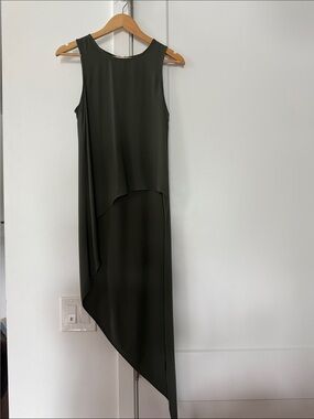 BEBE Sleeveless Asymmetric Dressy Top in Dark Olive
